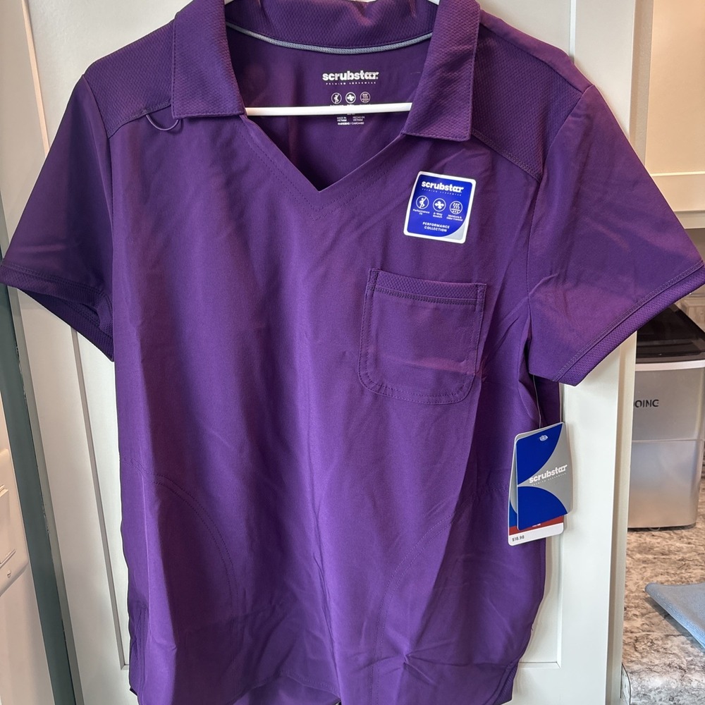 NWT Scrubstar Woman's Sz M  Active V-Neck With Collar Scrub Top Eggplant
